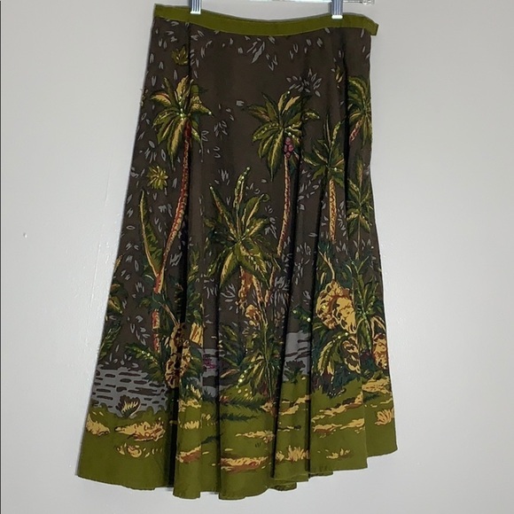 A Line Palm Tree Island Sequence Swing midi skirt women’s 6 brown/green - Picture 5 of 8